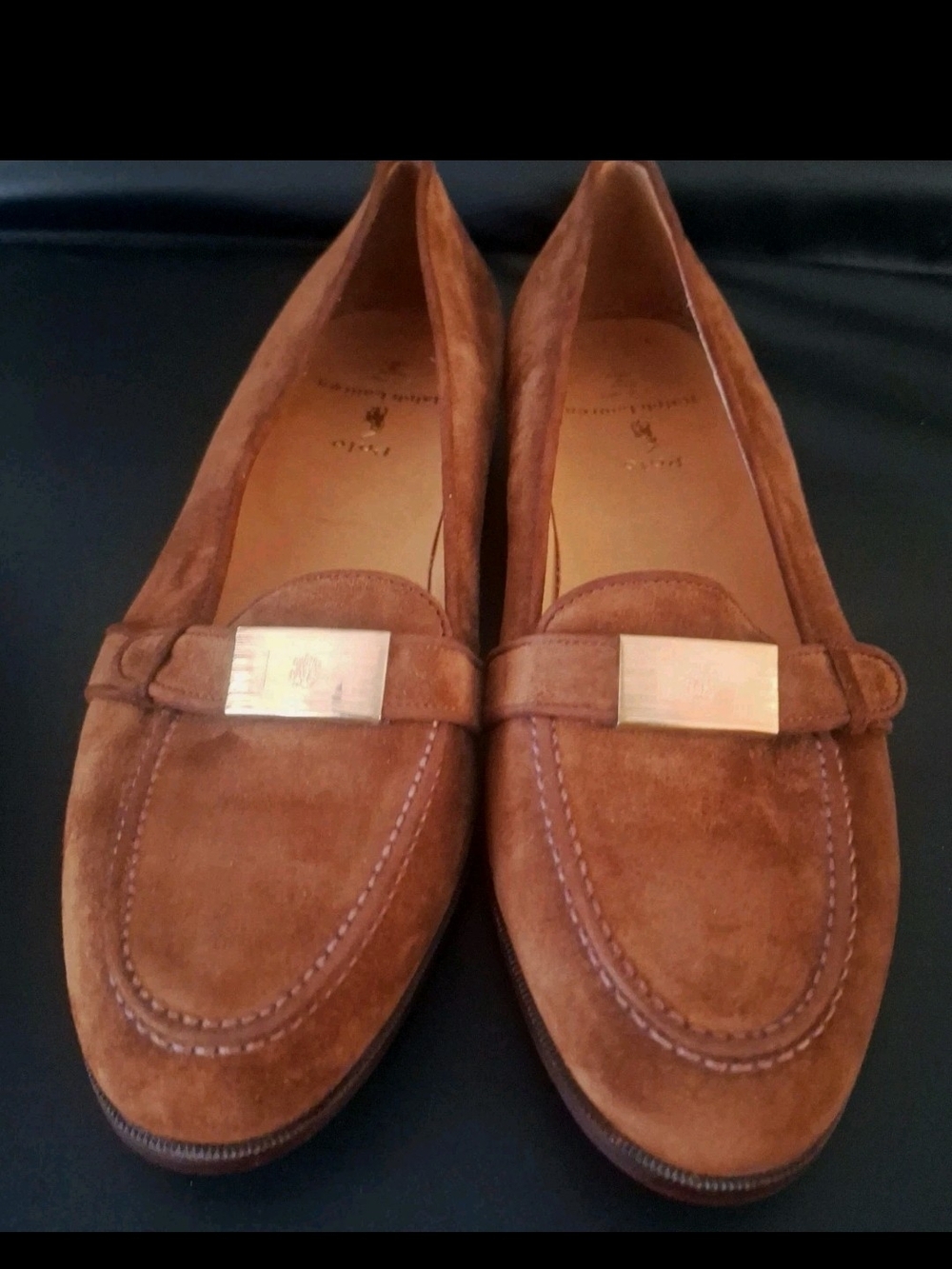 Polo Ralph Lauren Italy Suede Loafers Gold Plaque Block Heel NWOT Brown 9.5 D
